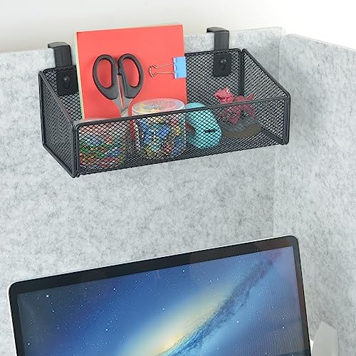 JDYOOMI Cubicle Shelf - Hanging Floating Shelves Storage Organizer for Office Cubicle Wall/Desk Partitions Easy Hang-on Metal Mesh Cubicle File Holder with 5 Pairs Plastic Hangers (White)
