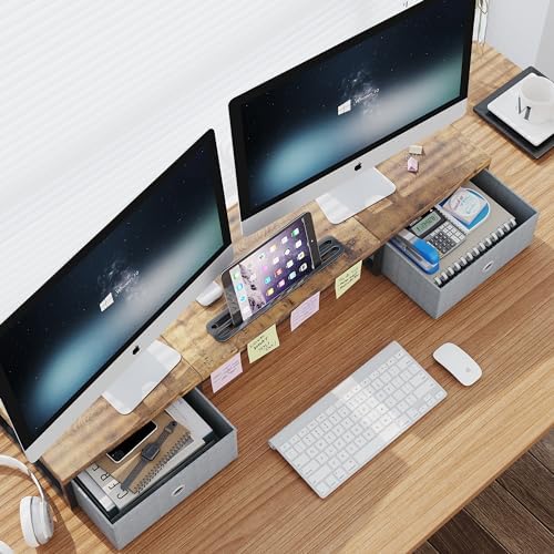 39 Inch Dual Monitor Stand Riser with 2 Drawers - Large Brown Wooden Computer Stand for 2 Monitors, Ergonomic Desk Organizer with Phone Holder, Desktop Storage for Laptop, Office Supplies, Home Office
