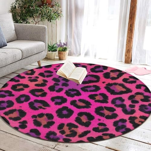 Room Sofa Yoga Soft Round Carpet, Home Decor Non Slip Kitchen Office Circle Rug, Machine Washable Modern Round Area Rug Hot Pink Tie Dye Leopard Cheetah Print