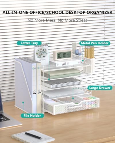 WALI Desk File Organizer, 5 Tier Desktop Paper Letter Tray Organizer with Drawer and 2 Pen Holders, Office Desk Accessories & Workspace Organizers for Office, Home Supplies(DO006DH-W), 1 Pack, White