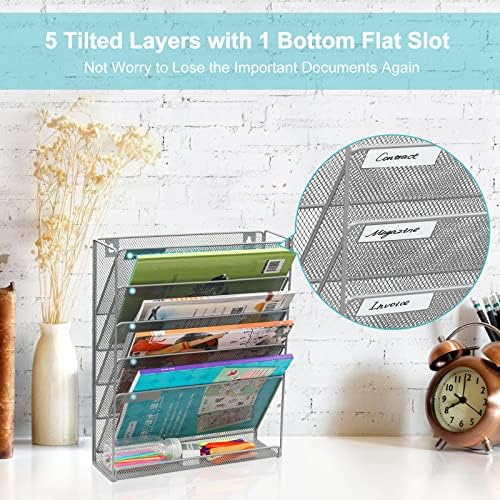 EasyPAG 5 Tier Wall File Holder, Mesh Hanging Folder Organizer with Classify Label, Versatile Desk File Holder, Vertical Wall Mounted Mail Organizer for Office Home Cubicle, Silver