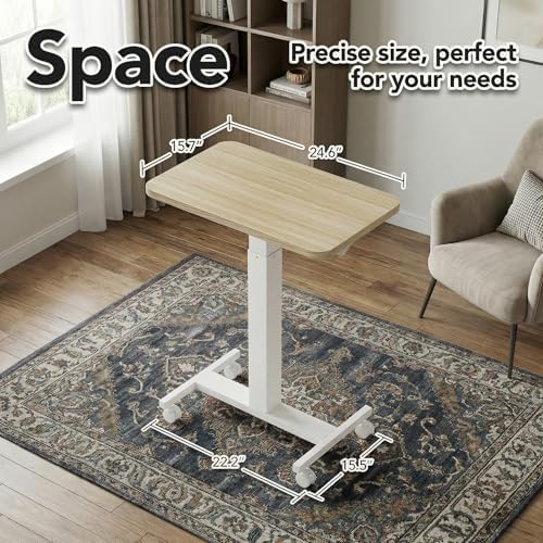 HUANUO Small Rolling Laptop Standing Desk, Height Adjustable Mobile T-Base Desk with Lockable Casters, Portable Sit-Stand Workstation for Bedside & Sofa, Light Walunt