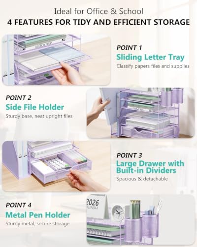 WALI Desk File Organizer, 6 Tier Desktop Paper Letter Tray Organizer with Drawer and 2 Pen Holders, Office Desk Accessories & Workspace Organizers for Office, Home Supplies(DO007DH-V), 1 Pack, Purple