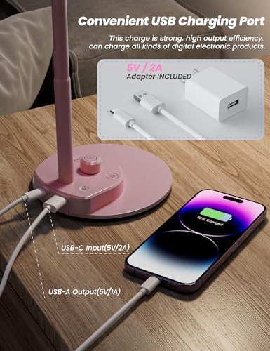 BOHON Cute Desk Lamp with USB Charging Port, 3 Color Modes Dimmable, Pink