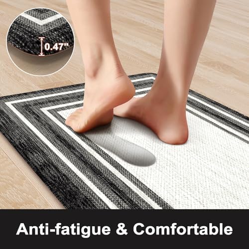 KIMODE Anti Fatigue Kitchen Mat for Floor,Black White Kitchen Rugs Set of 2