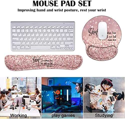 Keyboard Wrist Rest and Mouse Pad Wrist Support Set with Coasters, Quote Bible Verse Psalm 46:5 Wrist Mouse Pad with Non-Slip PU Base for Home Office Working Studying Easy Typing & Pain Relief