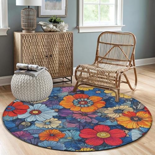 Fashion Round Area Rug Large Non Slip Carpet, Boho Floral Blossom Unisex Home Decor Mat