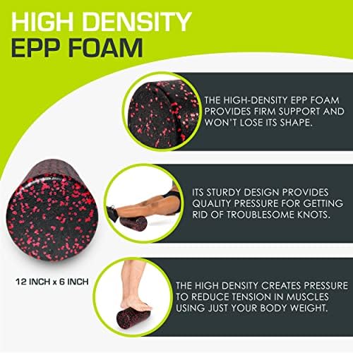 ProsourceFit High Density Foam Rollers 12 - inches long, Firm Full Body Athletic Massage Tool for Back Stretching, Yoga, Pilates, Post Workout Muscle Recuperation, Black/Red