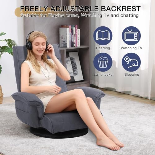 Linen Fabric Ergonomic Gaming Chair, 6-Position Reclining Sofa Bed with Lumbar Support, Foldable Floor Lounger with Thick Cushion, Armrests & Side Pockets for Esports, Reading, Napping (Gray)