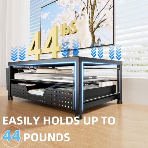 2-Tier Monitor Stand with Drawer, Metal Desk Riser, Black
