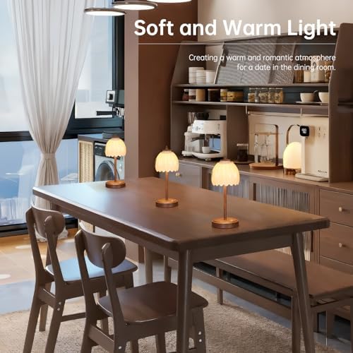 Shenmoyl Tulip Table Lamp with 5200mAh Battery & Touch Control, Small Cordless Table Lamp with 3 Colors, Rechargeable Battery Operated Table Lamps for Bedroom, Desk, Bedside (White-Walnut Color)