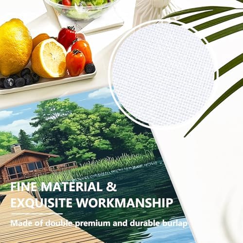 Peaceful Retreat Wooden Structure Linen Placemats, Water Body Lush Foliage Table Mats for Table Washable Heat Insulation Thick Dining Mat, Indoor/Outdoor 12X18 in 8 Pcs
