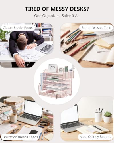 WALI Desk File Organizer, 6 Tier Desktop Paper Letter Tray Organizer with Drawer and 2 Pen Holders, Office Desk Accessories & Workspace Organizers for Office, Home Supplies(DO007DH-P), 1 Pack, Pink