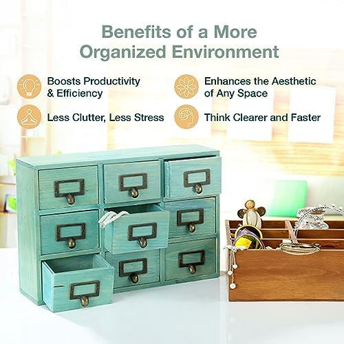 Teal Wooden Drawer Organizer for Desktop - Vintage Apothecary Cabinet w/ 9 Drawers - Wood Desk Organizer - Home Office Desk Organizers and Accessories - Tabletop Chest of Drawers for Bedroom