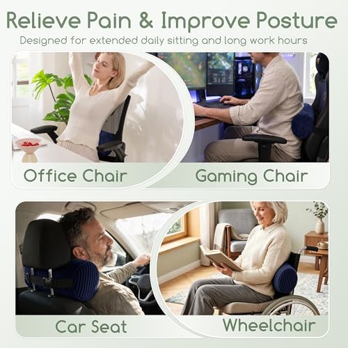 HIGOGOGO Lumbar Roll Lumbar Support Pillow for Office Chairs, Cars, and Gaming Chairs, Back Cushion with Washable Cover & Adjustable Strap to Relieve Back Pain and Improve Posture, 15"x6"x5", Navy