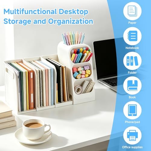 Multifunctional & Retractable Office Desk Organizer and Bookshelf, Small Space Desk Organizer with Magazine File Holder and Pen Holder,Desk Accessories & Workspace Organizers Office Supplies