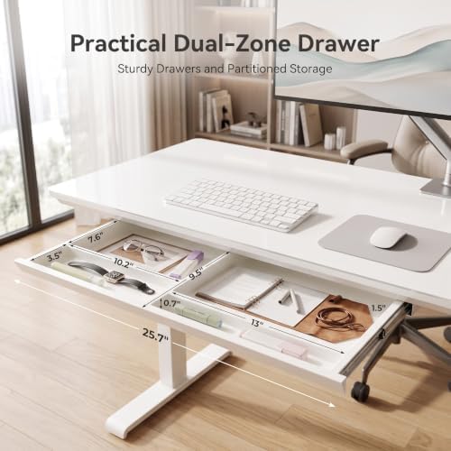YDN Wireless Charging Glass Standing Desk with Drawer 55 Inches Super White