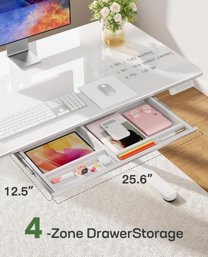 Marsail Glass Standing Desk with Drawer 37 x 22 Inches Stand up Desk Standing Desk Adjustable Height with One-Piece Tempered Glass Top, Ergonomic Home Office Desk with 4 Preset Heights White