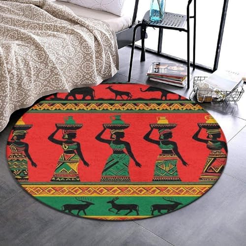 Highly Premium Quality Floor Mat, Office Chair Decor Mat, Room Sofa Yoga Soft Round Carpet Ethnic Tribal African Black Women Deer Elephants Art, 60inch