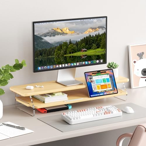 Bamboo Dual Monitor Stand for Desk,31.5 In 2 Tier Computer Riser Organizer