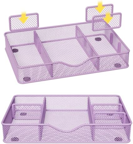 VyGrow Desk Drawer Organizer Tray, Metal Mesh Drawer Organizers Office, 6 Adjustable Compartment, Desk Organizer Tray for Home Office 12.87L x 8.73D x 1.96H inch, Black, 1PC Medium, Purple