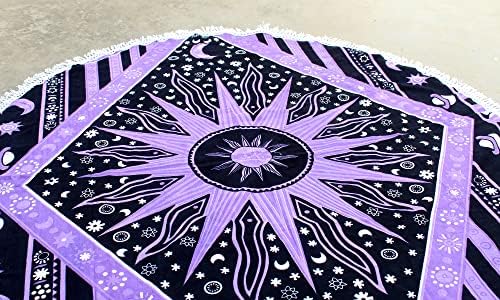 Round Beach Tapestry Turquoise Mandala Throw/Boho Hippie Beach Blanket Roundie/Indian Cotton Bohemian Large Round Table Cloth-Home Decor/Yoga Mat Meditation Picnic Rug (70", Purple)