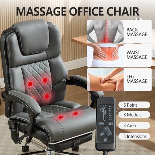 Massage Office Chair with Heat & Footrest,Heated Comfy Reclining Desk Chair with Vibration,Executive Big and Tall Chairs for Heavy People,Adjustable Height Black Gray