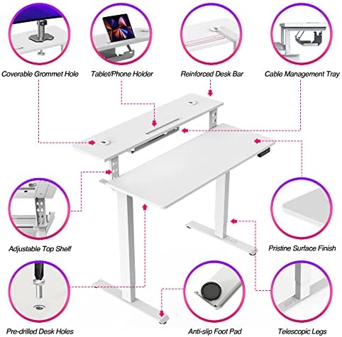AVLT 47″ Electric Standing Desk with Dual-Tier Shelf & Tablet Holder White