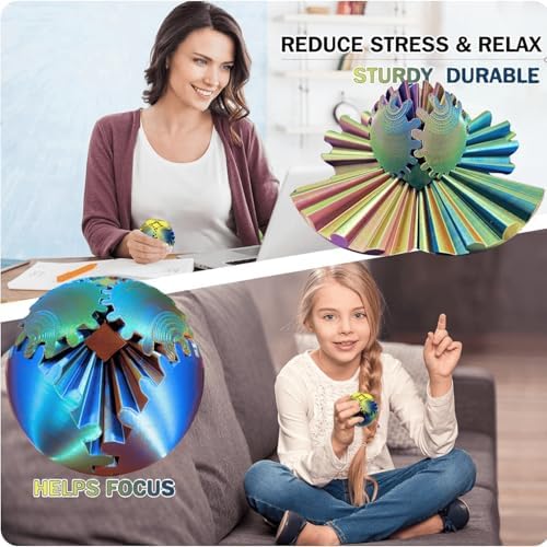 Gear Ball 3D Printed Spin Ball Cube Fidget Toys, Gear Sphere Fidget Toy, GearSphere Desk Toy Stress Fidget Balls, Fidgets Spinners for Adults & Kids Anxiety Relaxing (Laser Blue Gold, 2.3 Inch)