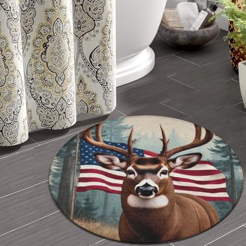 Men's Large Home Decor Mat, Soft Round Yoga Carpet, Non Slip Machine Washable Home Office Circle Rug American Flag Hunting Camo Tree Deer