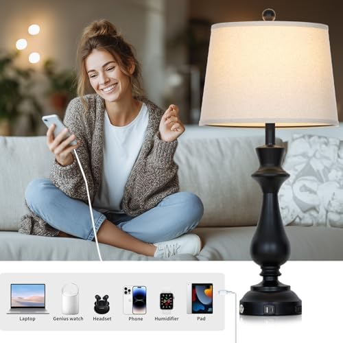 Modern Black Table Lamps Set of 2 for Living Room,30" Tall Bedside Lamp with USB Charging Port,3-Way Dimmable Touch Nightstand Lamp for Bedroom Desk Side Table Office,Black