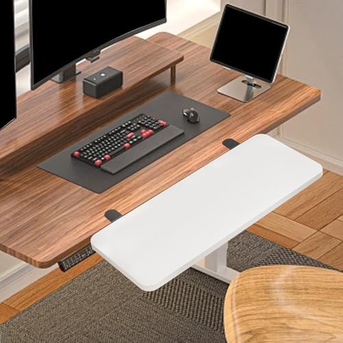 Desk Extender Tray Foldable Clamp on Shelf Organizer Keyboard Table Extension Armrest Wrist Support Sturdy Easy to Mount Wood Metal Construction Suita, White