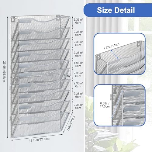 EasyPAG Wall File Organizer for Office 10 Pocket Mesh Wall Mounted Paper Organizer Hanging Folder Holder with Nametag Label for Home School, Silver