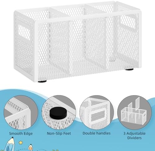 Marbrasse Mesh Pen Holder for Desk, Pencil Holder Desk Organizer 3 Adjustable Compartments, Pencil Cup with Handle Perfect for Classroom, Office, Home, Makeup, Art (White)