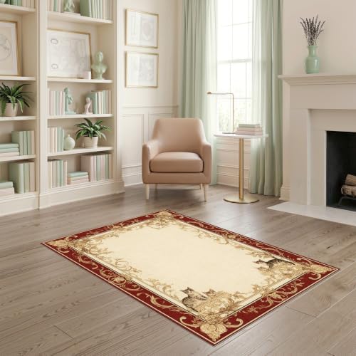 4'x6' Ivory Cat Crimson Motif with Swirls Washable Area Rug