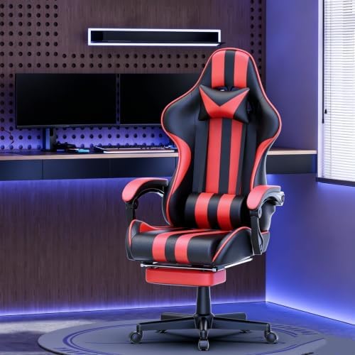 Huracan Gaming Chair with Footrest, Adjustable Ergonomic Computer Office Chair with Lumba Pillow, Video Game Computer Chairs for Adults, Racing Style Reclining Backrest Office Desk Chairs, Red