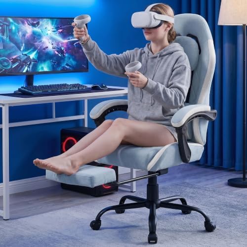Gaming Chair with Footrest, Ergonomic Fabric Desk Chair, Blue
