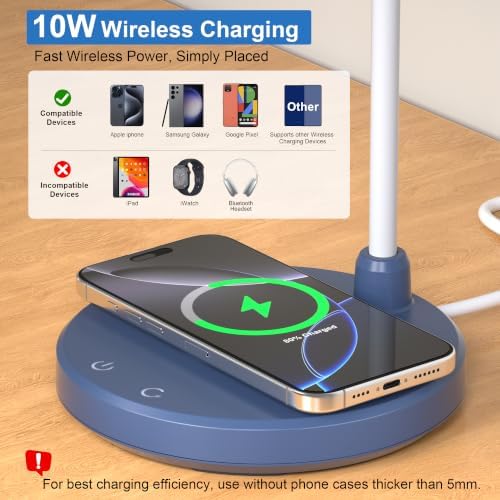 LED Desk Lamp for Home Office with Wireless Charger, Navy Blue