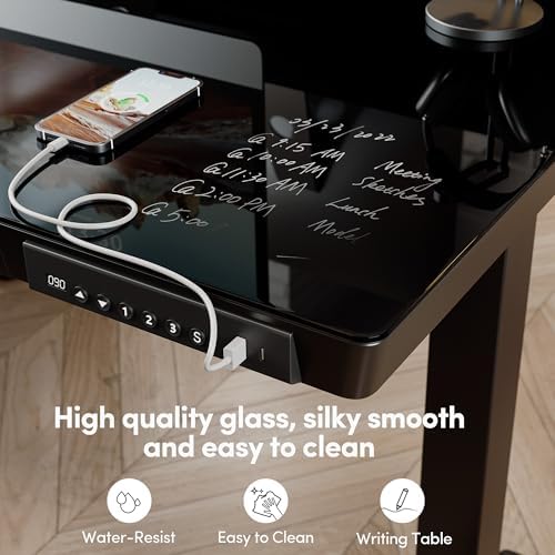 FEZIBO 48 Inch One-Piece Standing Desk with Glass Top and Drawer, Black