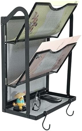 3-Tier Wall File Organizer for Office,Metal Folder Holder with 2 Hook,Black