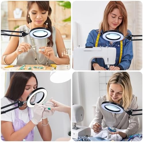 Magnifying Glass with Light and Stand, 3 Color Mode & 10 Dimmable Levels, Hands Free Lighted Magnifier with Clamp, LED Magnifying Desk Lamp for Close Work, Reading, Crafts, Painting Miniatures