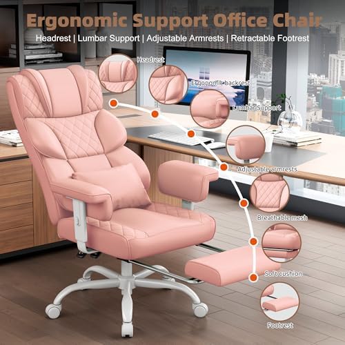 Vonesse Office Chair, Desk Chair with Soft Adjustable Armrests, Executive Computer Chairs with Lumbar Support, High Back Gaming Chair with Footrest (PU Leather, Pink)