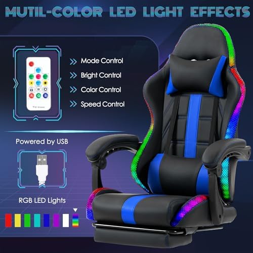 ECOTOUGE Gaming Chair with Footrest, Lumbar Massage & RGB LED Lights, Blue