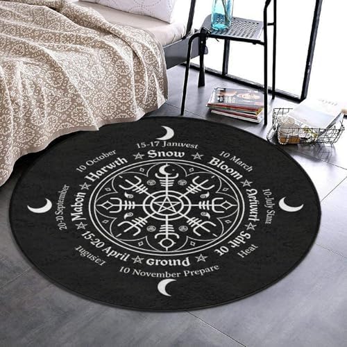 Large Home Decor Mat, Soft Round Yoga Carpet, Non-Slip Machine Washable Home Office Circle Rug Compatible with Norse Viking Vegvisir Compass Goth Pentagram