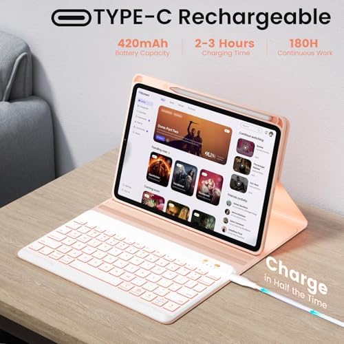 Keyboard case for ipad Air 11 inch(M2 2024)/10.9 Inch Air 5th 4th Generation & iPad Pro 11 inch (1st/2nd/3rd/4th Gen)-Backlit Detachable Keyboard, Folio Cover with Upper Easily Pencil Holder-(Pink)