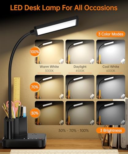 Desk Lamp, COZOO LED Desk Lamps for Home Office with USB Charging Port/Outlet/Organizer,Desk Lamp for College Dorm Eye-Caring Study Light,Gooseneck Table Lamp with Pen Holders/Storage,9 Lighting Modes