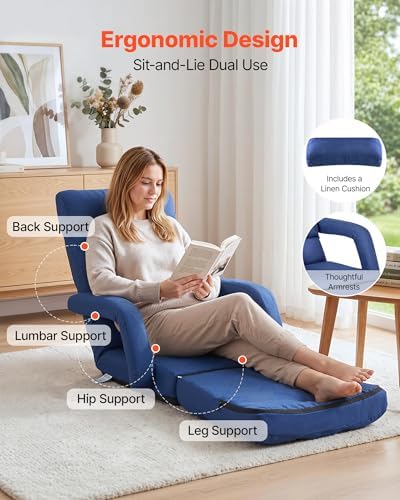 VEVOR Floor Chair, 5 Adjustable Positions Folding Floor Gaming Chair with Back Support, Armrests, and Cushion, Sturdy Metal Frame with Recycled Foam and Linen Fabric, for Reading, Relaxing, Dark Blue