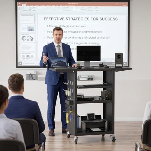Mobile AV Cart with Pullout Keyboard Tray, Rolling Computer Cart Height Adjustable Rolling Media Utility Cart with 4 Wheels