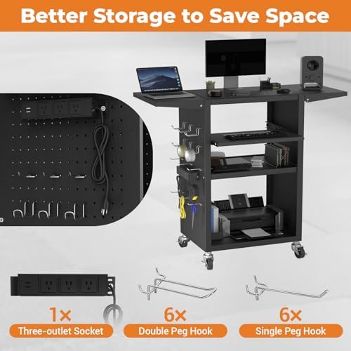 Mobile AV Cart with Pullout Keyboard Tray, Rolling Computer Cart Height Adjustable Rolling Media Utility Cart with 4 Wheels