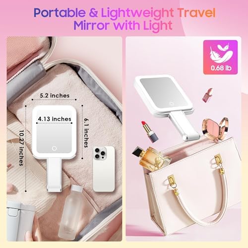 GOMIPURU Magnifying Travel Mirror with Light, 30X/1X Double-Sided Magnifying Mirror with 3 Color Lights, Brightness Adjustable, Foldable Handheld Makeup Mirrors Portable for Travel and Desktop, Sliver